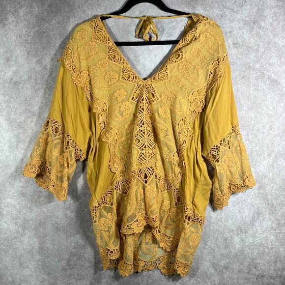 Mind Set By XCVI Top Womens Large Yellow Lace Crochet V-Neck Boho Festival NEW - Picture 4 of 9